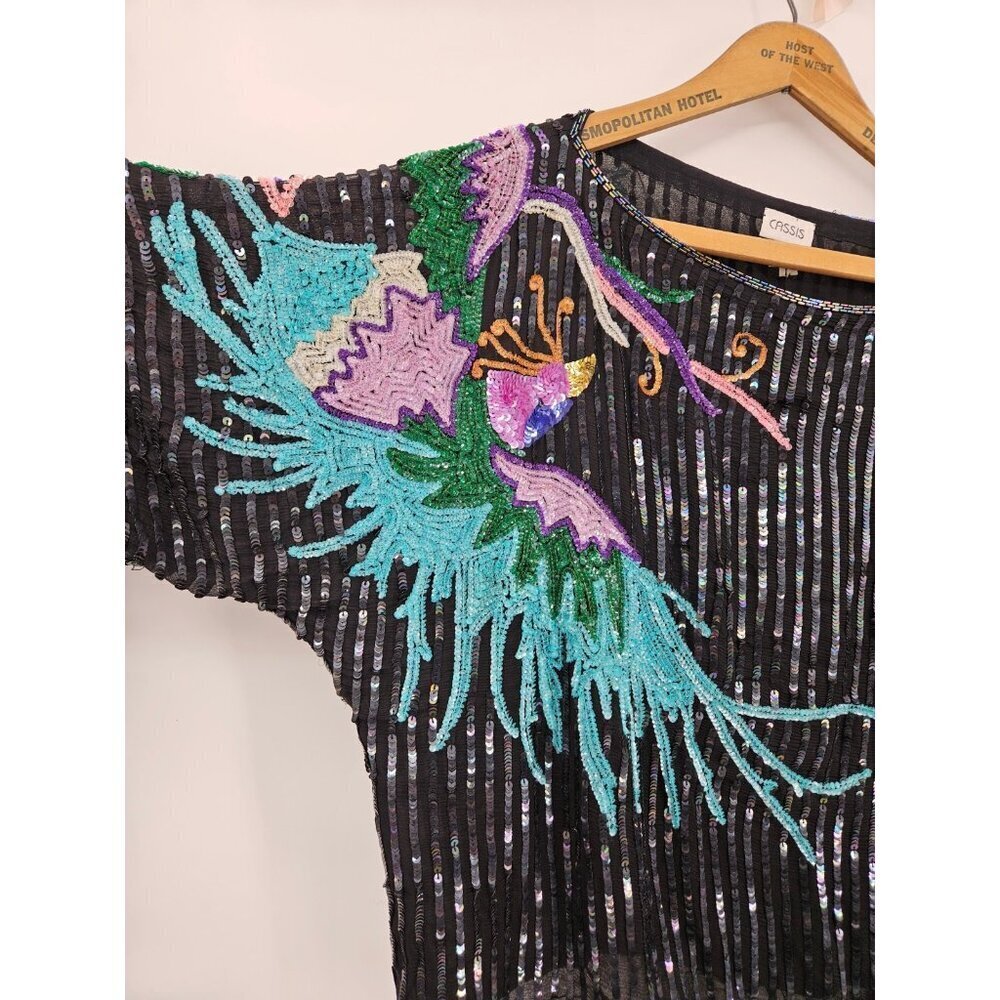 Vtg Cassis Peacock Bird Sequin Top Womens L Black Silk - Picture 4 of 6